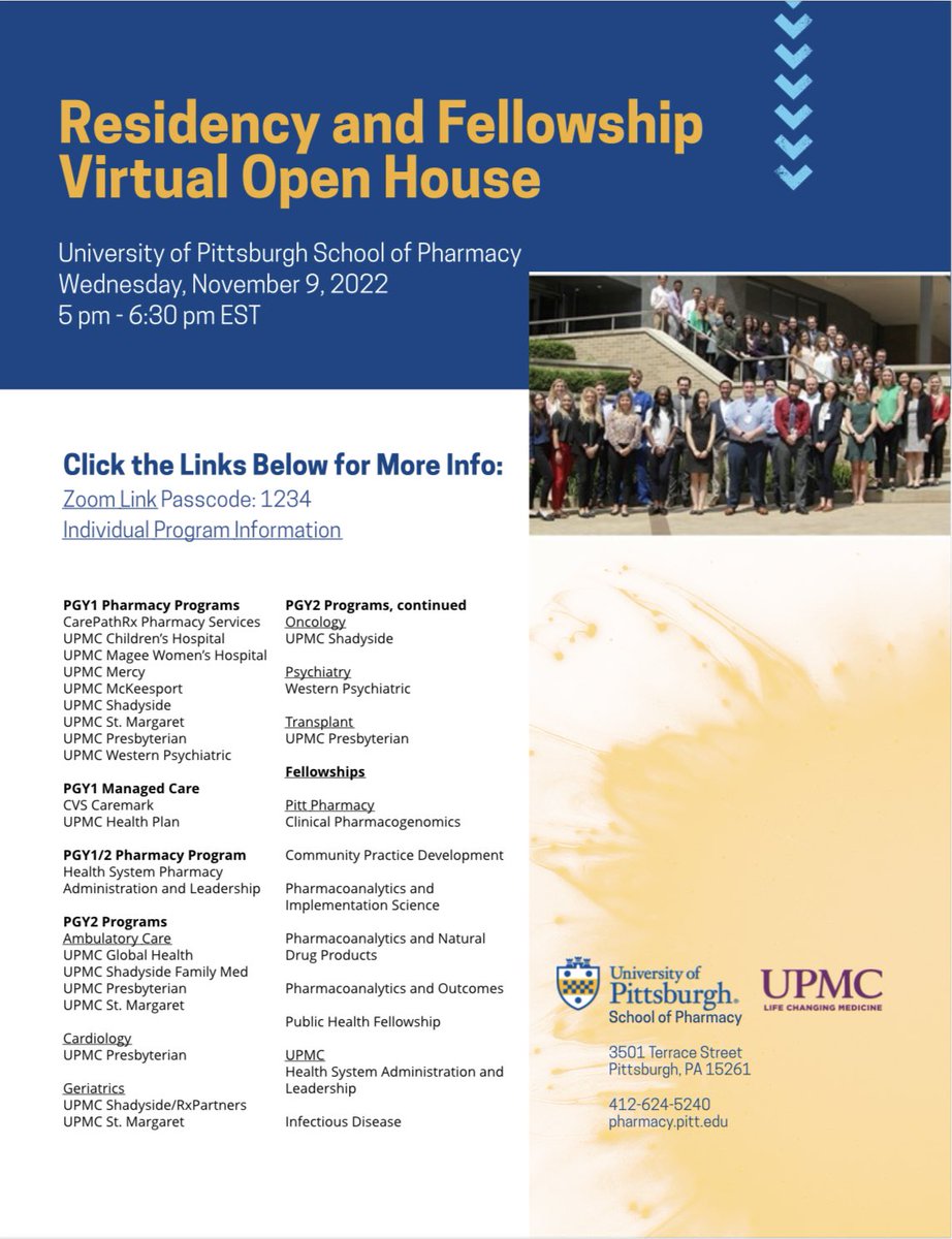 UPMC is having a residency and fellowship open house next week! Happy to talk about the PGY1 program at Presbyterian or the oncology PGY2!!