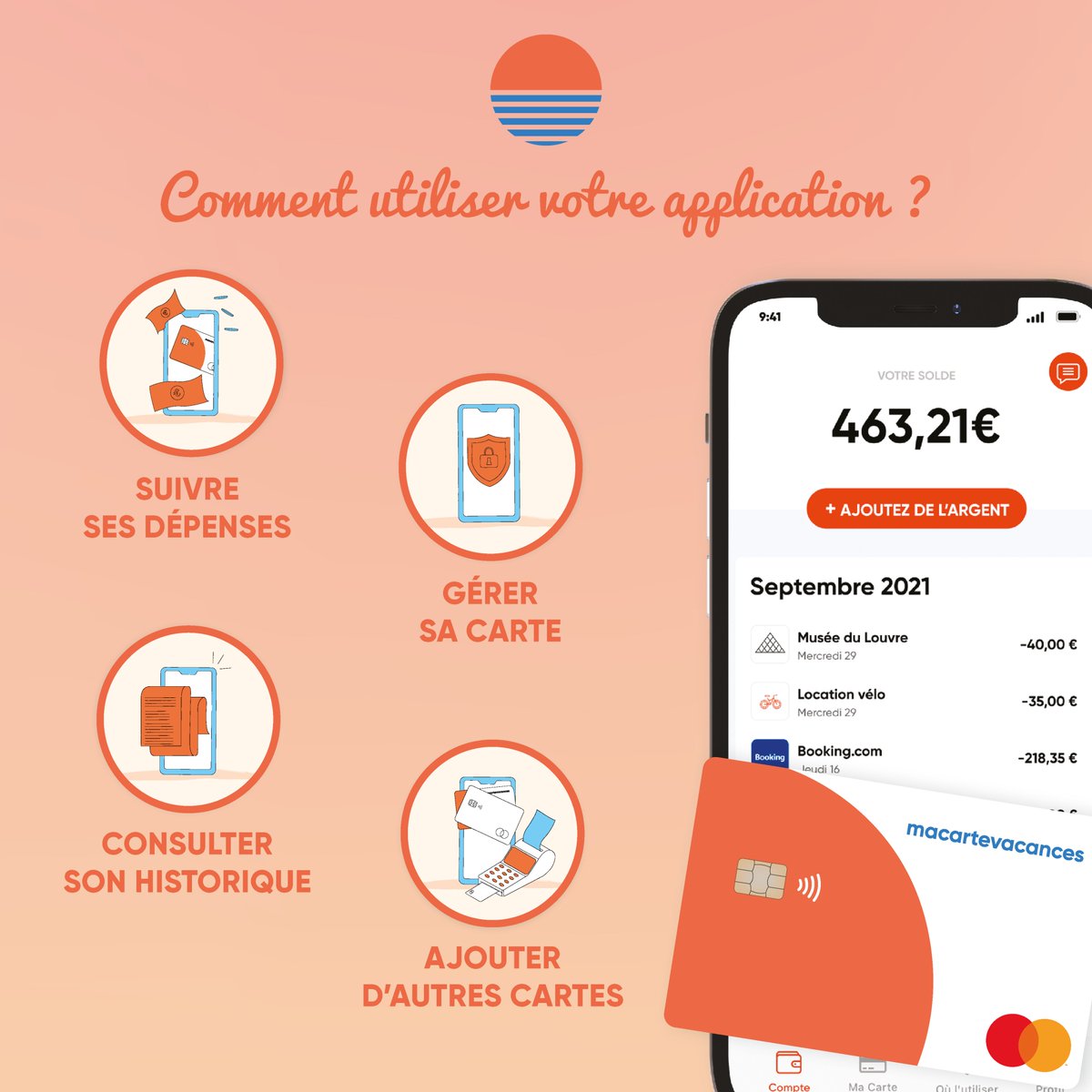 Aujourd’hui, macartevacances vous parle de son application 📲
C’est plusieurs avantages :
✅ Suivez vos dépenses
✅ Bloquez et débloquez votre carte 
✅ Consultez votre historique
✅ Ajoutez un moyen de paiement 
#application #cartedepaiement