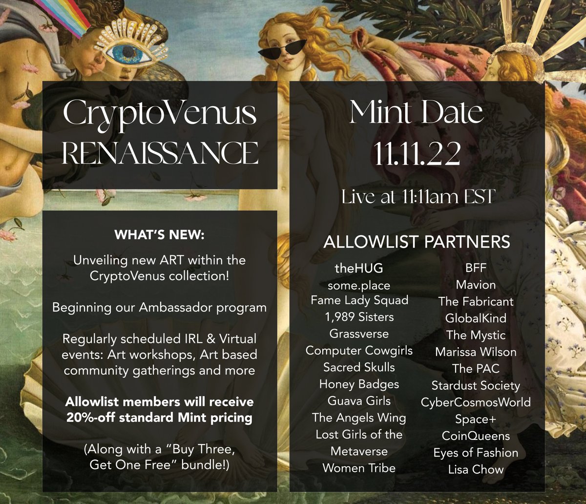 The Renaissance was one of the greatest periods of creative and intellectual achievements in world history. CryptoVenus is embarking on its own Renaissance! (🧵) 

✨ Mint will go live 11:11am EST on 11/11 ✨

For full info, visit cryptovenusnft.com 💘