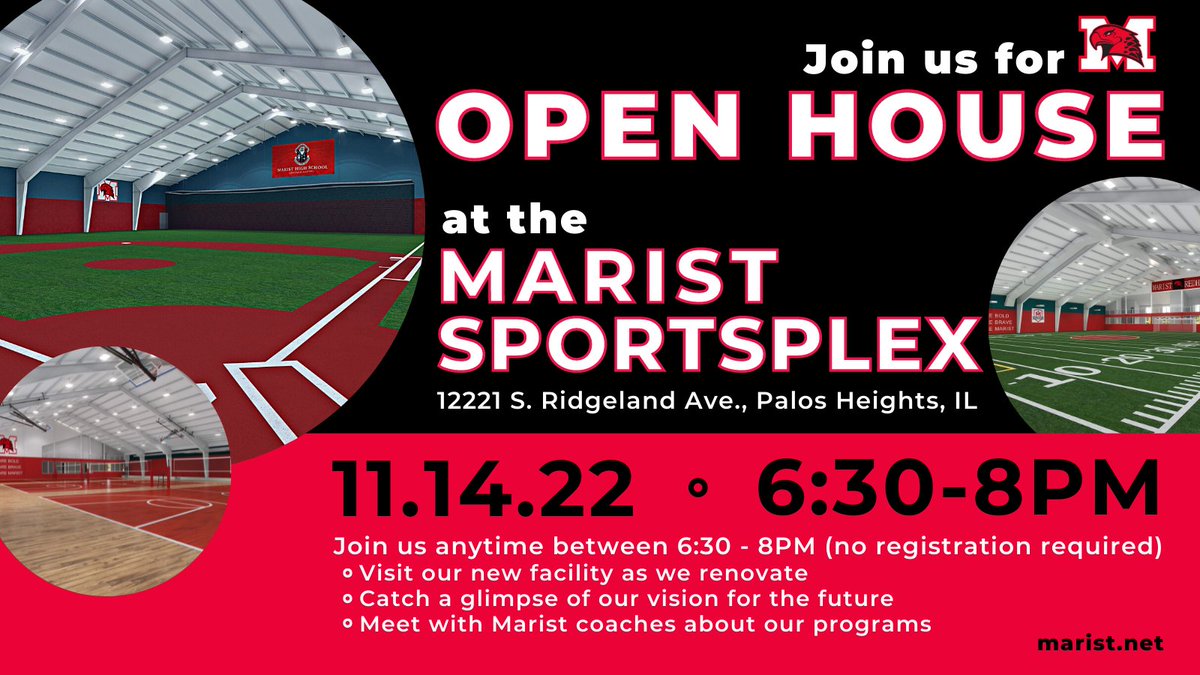 MaristChicago's tweet image. Future RedHawks and their families are invited for a very special Open House at the Marist Sportsplex on November 14! Come catch a glimpse at our vision for the future at 12221 S. Ridgeland Ave any time between 6:30 and 8:00 p.m. Click here to learn more: hubs.la/Q01rpLqc0