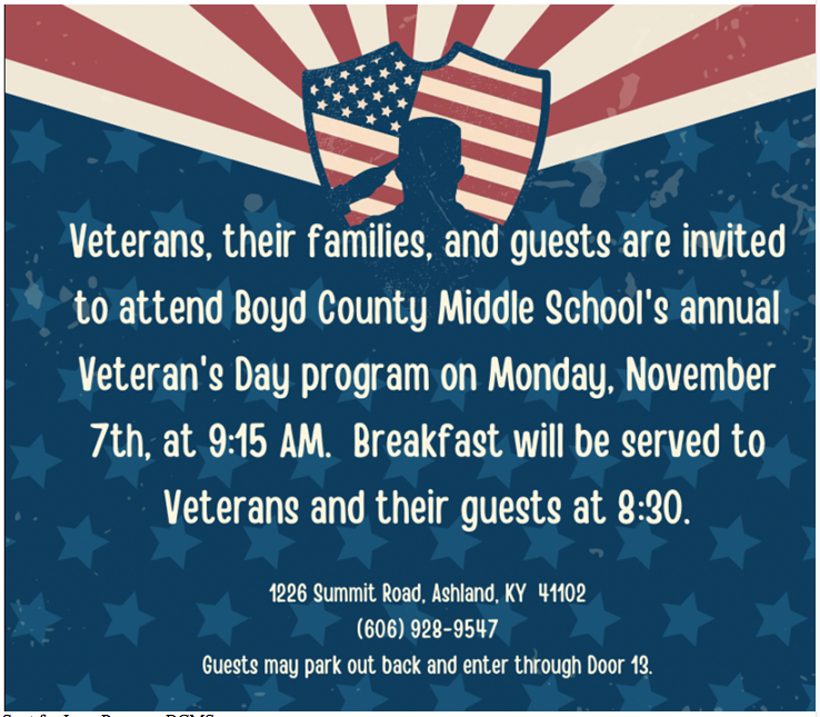 BCPSdistrict's tweet photo. Join us at Boyd County Middle School for our annual Veteran's Day Program on Monday 11/7.  See info below for details.  THANK YOU FOR YOUR SERVICE! https://t.co/C2UiYXKXfs