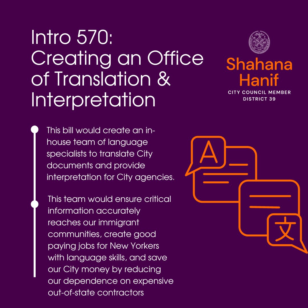 CMShahanaHanif's tweet photo. At yesterday’s Immigration Committee meeting, we heard my bill, #Intro570, which would create a citywide Office of Translation &amp; Interpretation. This bill would employ native speakers to expand our City's translation capacity while creating good-paying jobs. Read more 👇 https://t.co/WLgh9AE1P0