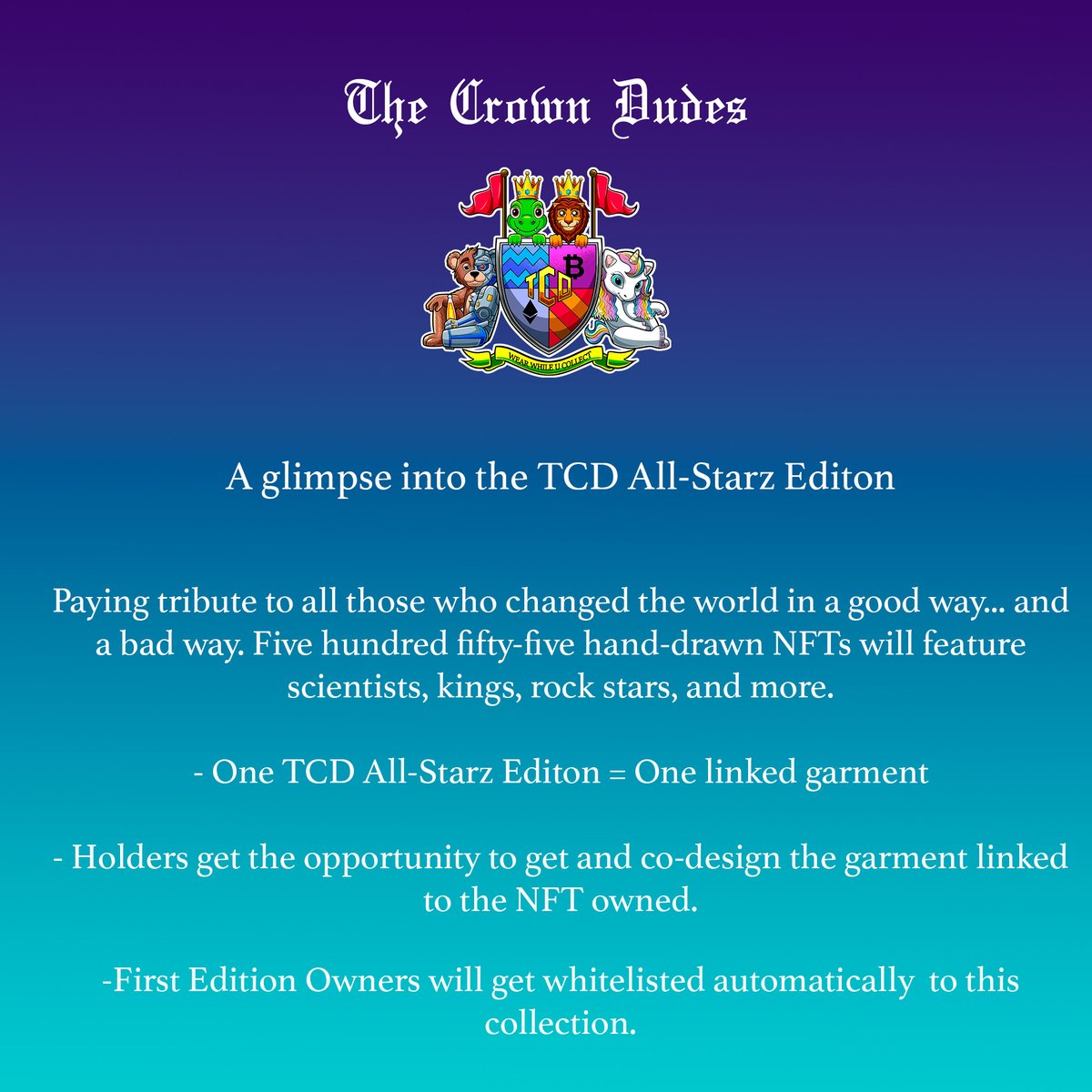 The first tier of TCD All-Starz Edition will be available in December...
Stay tuned

#thecrowndudes #fashion #nft #nftart #opensea #nfts #nftcollector #NFTCommunitys