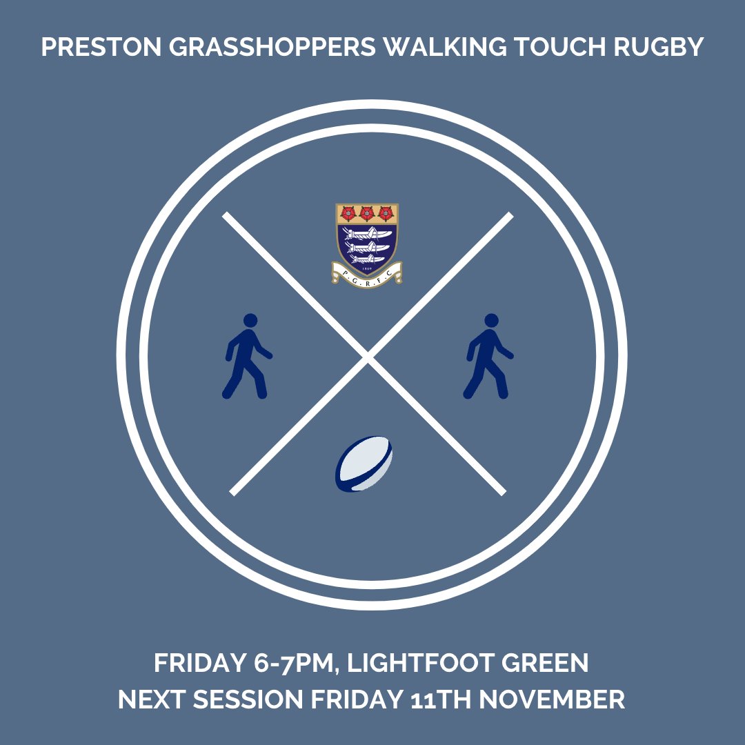 RugbyHoppers's tweet photo. A reminder that the next Walking Touch Rugby session is on Friday 11th November at 6pm and then every other Friday after that. The session runs from 6-7pm for all aged 16+. Proper boots (mould or stud) required on the AGP. https://t.co/bN6K9usROS
