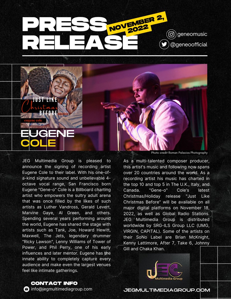 CONGRATULATIONS to Eugene Cole (Geno-o) on signing with our Label. Keep your eyes and ears out for this huge talent. Welcome to the JEG Multimedia Family! <a href="/garypalmersax/">Gary Palmer</a> <a href="/UMG/">Universal Music Group</a> <a href="/genoofficial/">Geno Washington and The Ram Jam Band / The Yo Yo's</a> <a href="/feltonpilate/">Felton Pilate</a> <a href="/BET/">BET</a> <a href="/tylerperry/">Tyler Perry</a> <a href="/SnoopDogg/">Snoop Dogg</a> <a href="/IAmSteveHarvey/">Steve Harvey</a>