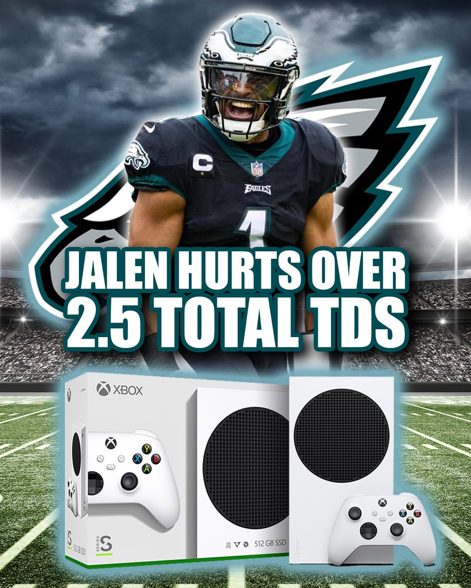 backyardbreaks_'s tweet photo. Wanna win this FREE Xbox Series S ⁉️

HERE IS HOW TO ENTER ⬇️⬇️⬇️

1) Jalen Hurts needs to score over 2.5 Total TD’s 

2) Retweet and Like this post

3) Reply to this post

4) Follow us 

If he does, the winner will be announced tomorrow after our stream 🤝 

Good Luck 🚀 https://t.co/LN9i89CSVg
