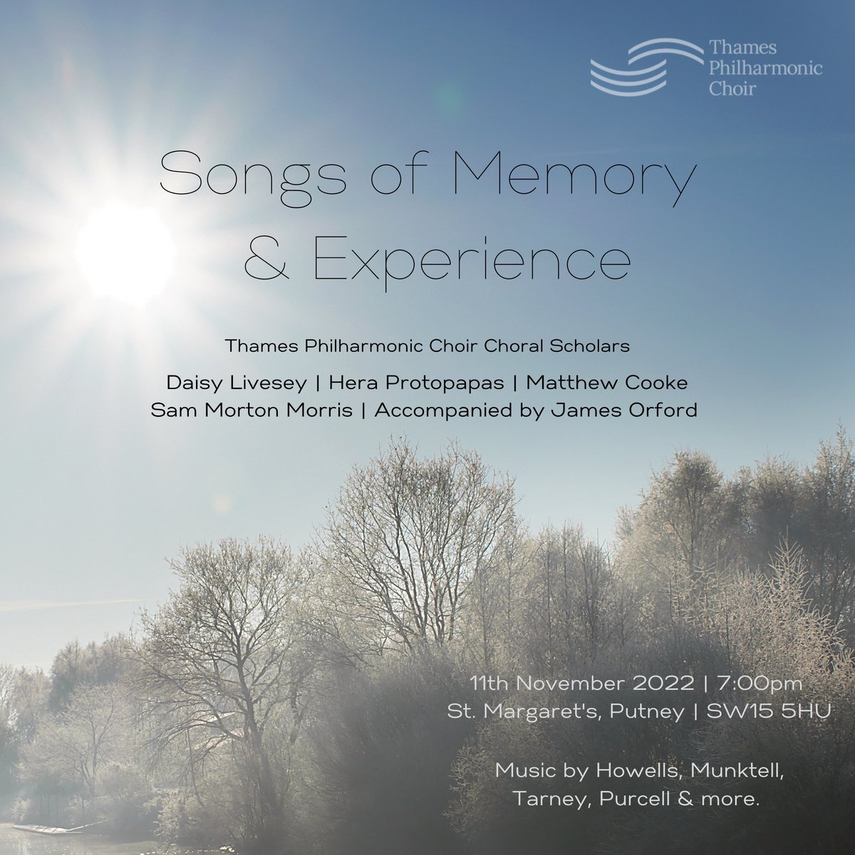 ThamesPhilChoir's tweet photo. The first scholars’ recital of the season 🎶

Join us for a FREE evening of sumptuous song and aria as our young artists settle into their tenure as the 22/23 TPC scholars. 

11 November, 19:00 🕢 
St Margaret’s, Putney 📍 https://t.co/zWOsjFv1Mj