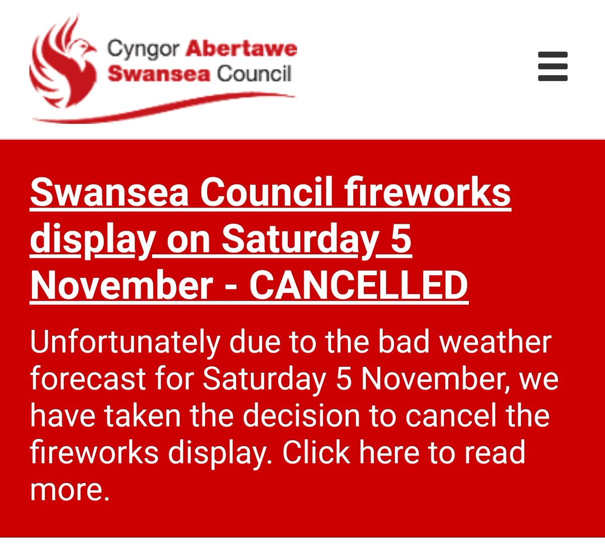 Fireworks display has been cancelled because of bad weather, will post about new social momentarily