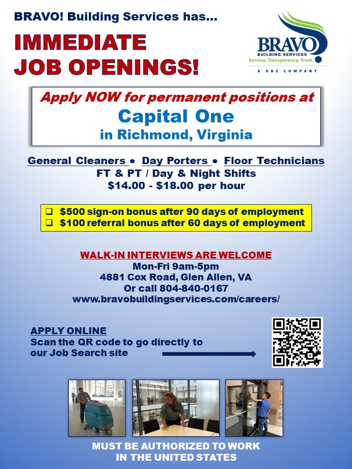 BravoGroupNews's tweet photo. Looking for employment in the Richmond, Virginia area?
Check out our job opportunities at our Capital One client site in Richmond, VA.
#jobs #employment #JobOpportunities #commercialcleaningservice #janitorialjobs #bravobuildingservices https://t.co/d7Q6rXml9g