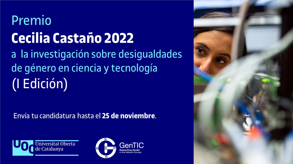 GENTIC_UOC's tweet photo. 📣¿Investigas sobre desigualdades de #género en #ciencia y #tecnología? 🧬💻
 
🏆Presenta tu candidatura al #PremioCeciliaCastaño y ayúdanos a visibilizar la contribución de las mujeres en ámbitos #TIC y #STEM.  

🗓️Hasta el 25/11

Bases y cómo participar:
https://t.co/0rpvpAXTJh https://t.co/PB47DodUXM