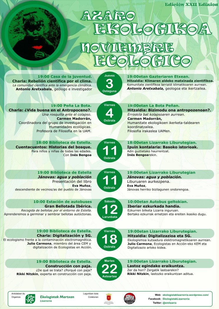 Hoy a las 19:00 horas en la Casa de la Juventud de #Estella #Lizarra vuelve el #AzaroEkologikoa #NoviembreEcologico.

Hoy charlamos con 
@AAretxaba: La comunidad científica contra el cambio climático.

ekologistaklizarrerria.wordpress.com/2022/10/31/cha…
