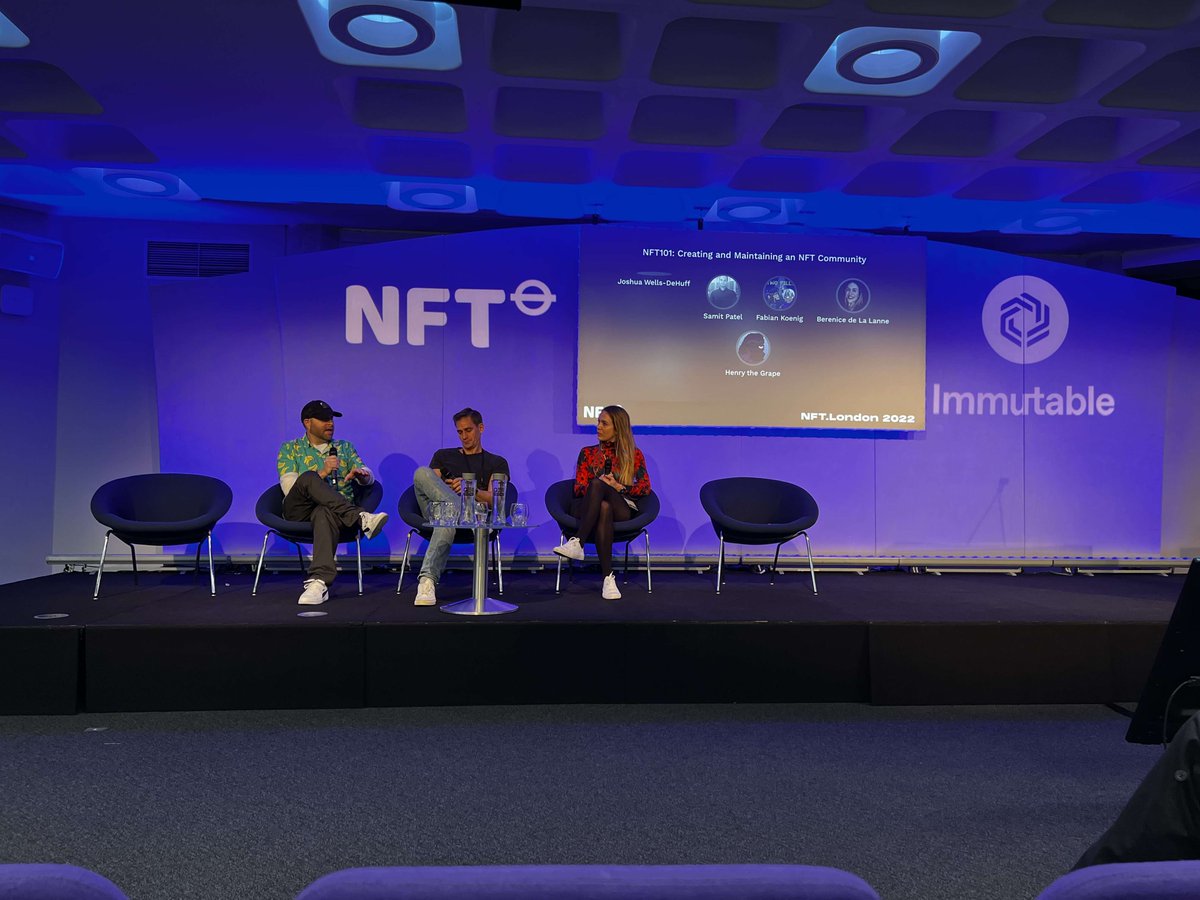 CyberKongz's tweet photo. Our very own @HenryTheGrape repping his 🍌 shirt on stage with @twopillsnft and Berenice de La Lanne at #NFTLondon! https://t.co/2WDb29iOkp