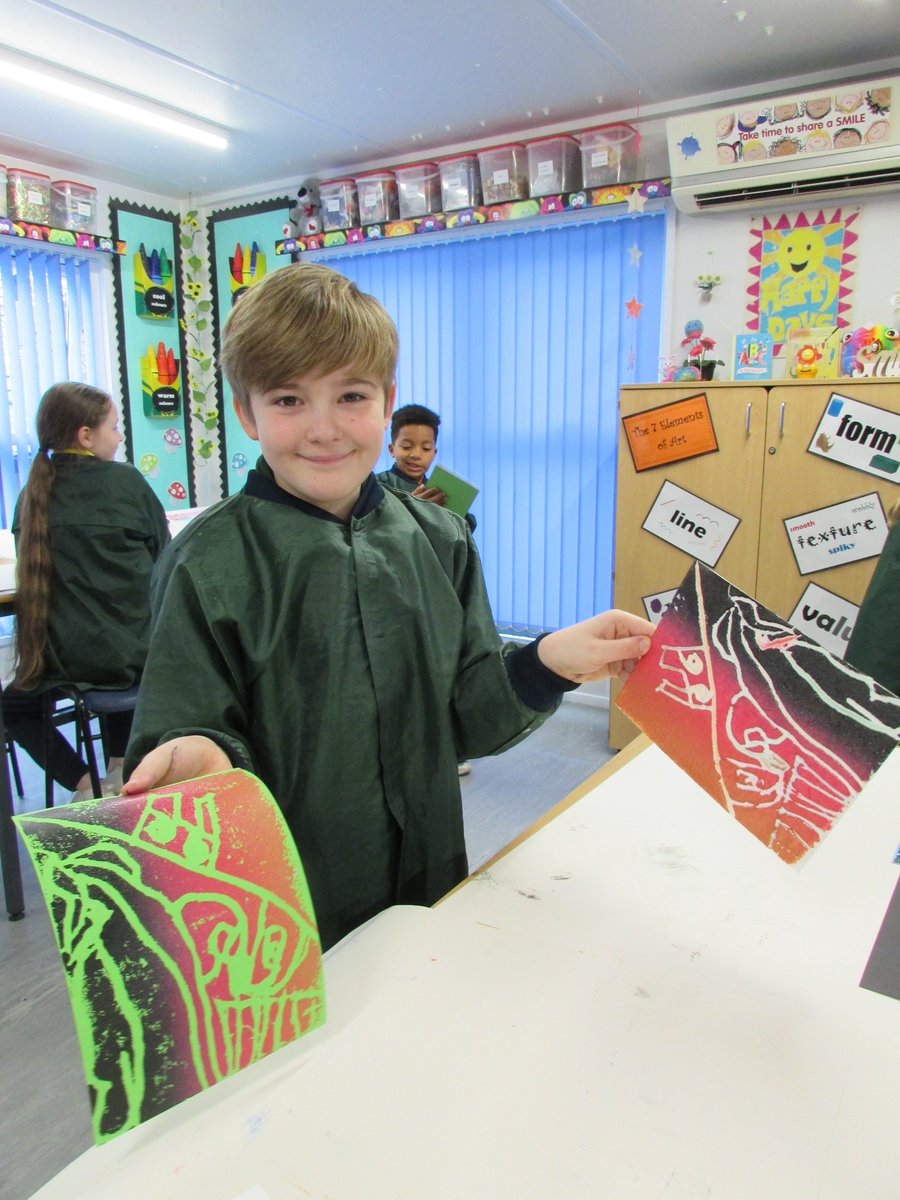 ElmsSchool's tweet image. Rainbow roll printing has been such a fun learning experience for our Year 4 pupils in the Art Room. Every print revealed was followed by a squeal of joy! #Y4art #rainbowroll #printing