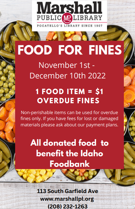 cityofpocatello's tweet photo. “Food for Fines” All Month Long at the Marshall Public Library!
All month long, the Marshall Public Library will be accepting a different type of currency for overdue fines. Each year the food collected goes to The Idaho Foodbank. Ends December 10. 
https://t.co/ZlgbJOCNdL https://t.co/6qczMwH8t7