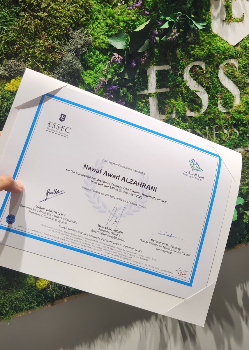 almzajy01's tweet photo. I am grateful that I  have completed my training course in the #Tourism_Pioneers program at ESSEC BUSINESS SCHOOL in the field of hospitality and tourism by the support of #Ministry_of_Tourism, which was held in France. https://t.co/jKtI7s6bpn