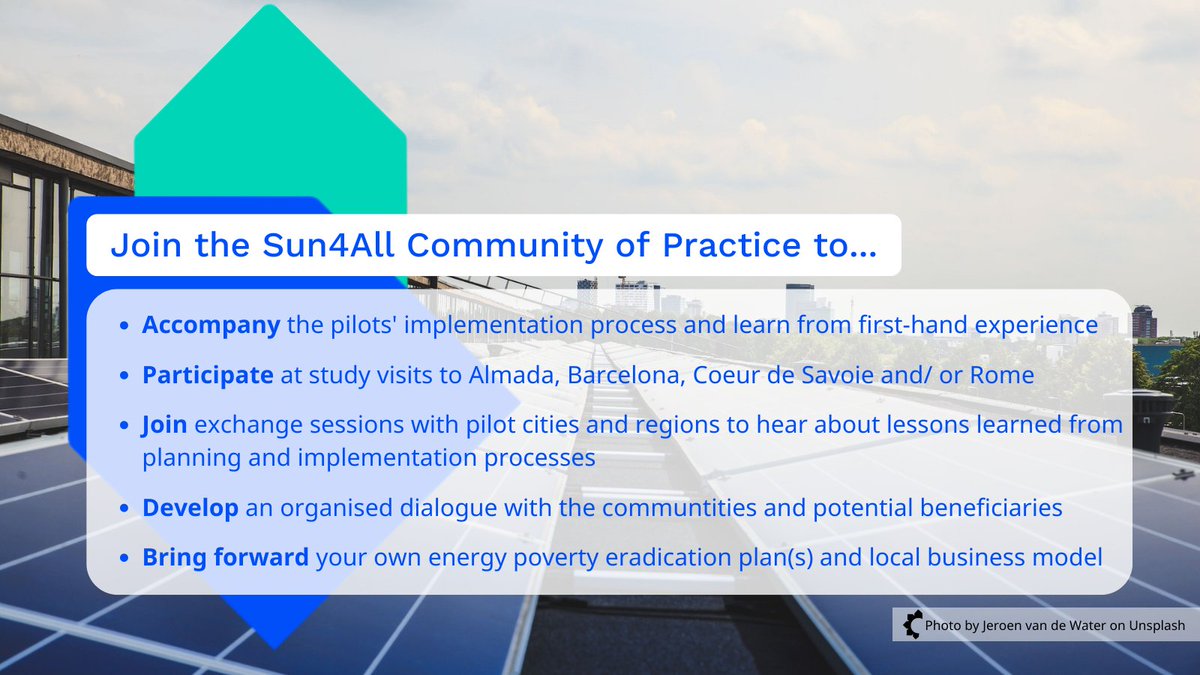 Sun4All_EU's tweet image. How can you learn from the Sun4All pilots @bcn_ajuntament, @Coeurdesavoie, @Roma, and @AgenealA about #energycommunties and the implementation of the Sun4All #supportscheme❓🧐
Get to know the ✨benefits of becoming a member of our #CommunityofPractice🤝🏼: bit.ly/3U5kmYD