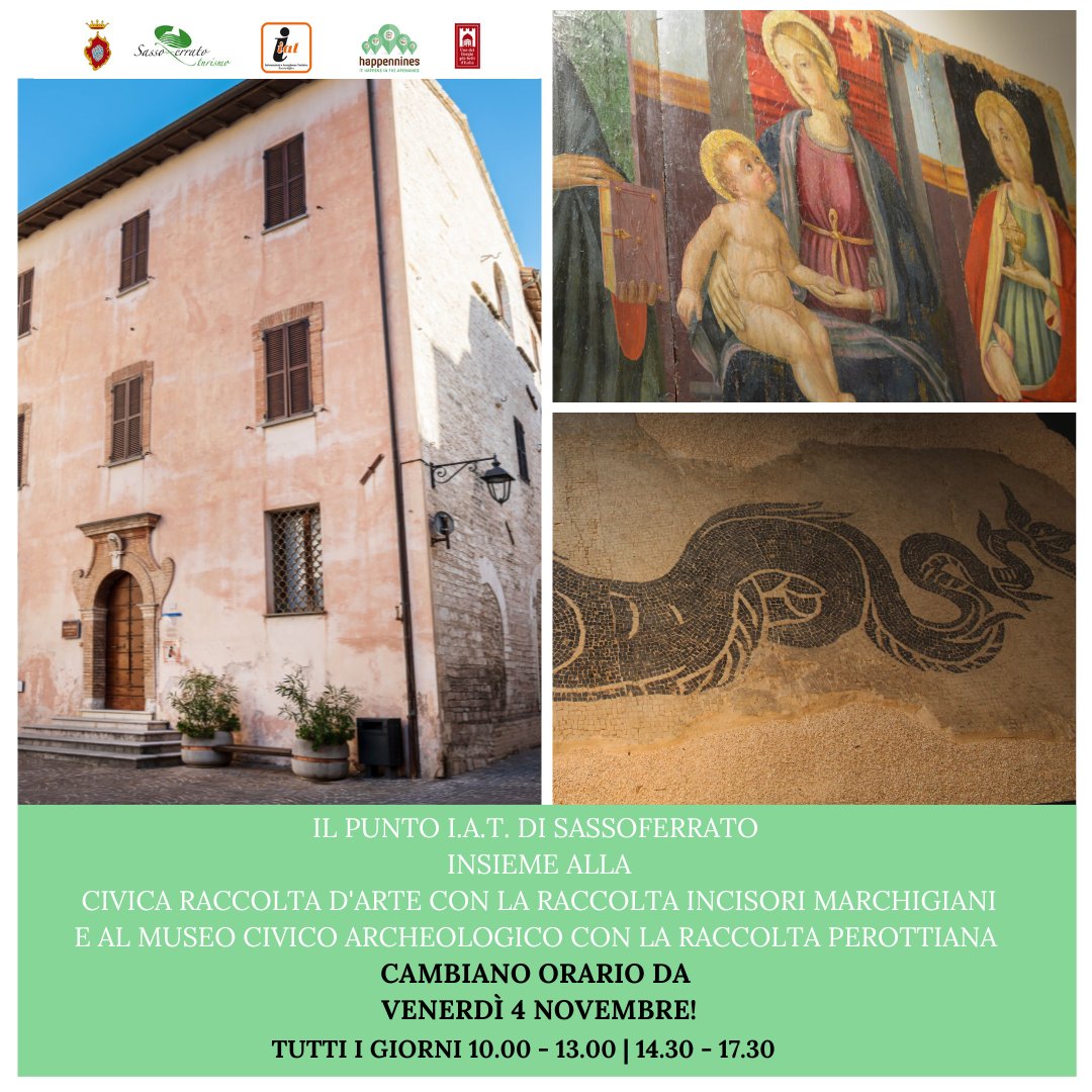 ❗Da domani, 4 novembre, il punto I.A.T. di #Sassoferrato, la Civica Raccolta d'arte con la Raccolta Incisori Marchigiani e il Museo Civico Archeologico con la Raccolta Perottiana cambiano orario⏰⬇

📲sassoferratoturismo.it

#sassoferratoturismo #marchetourism