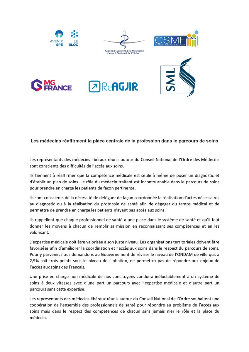 [Communiqué] <a href="/ordre_medecins/">Ordre des Médecins</a>, <a href="/Avenir_Spe/">AVENIR SPÉ</a>, <a href="/CSMF_officiel/">CSMF_officiel</a>, <a href="/MG_France/">MG FRANCE</a>, <a href="/ReAGJIR/">ReAGJIR</a>, <a href="/LE_SML/">SML</a> : 

Les médecins réaffirment la place centrale de la profession dans le parcours de soins⤵️
conseil-national.medecin.fr/publications/c…