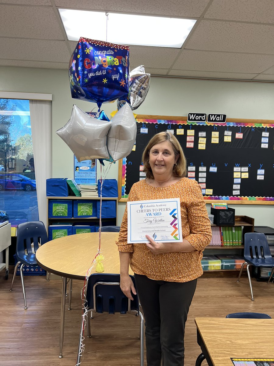 ColumbiaAcadMD's tweet photo. Congratulations to our amazing 1st grade #teacher, Mrs. Wellen, for being our October #CheerstoPeers winner! Mrs. Wellen consistently displays our #corevalues of Pursue #Excellence and being Committed to our #Community. 
#hocomd #columbiamd #bhfyp #k12 #prek #preschool #education https://t.co/yTEAHFTVHp