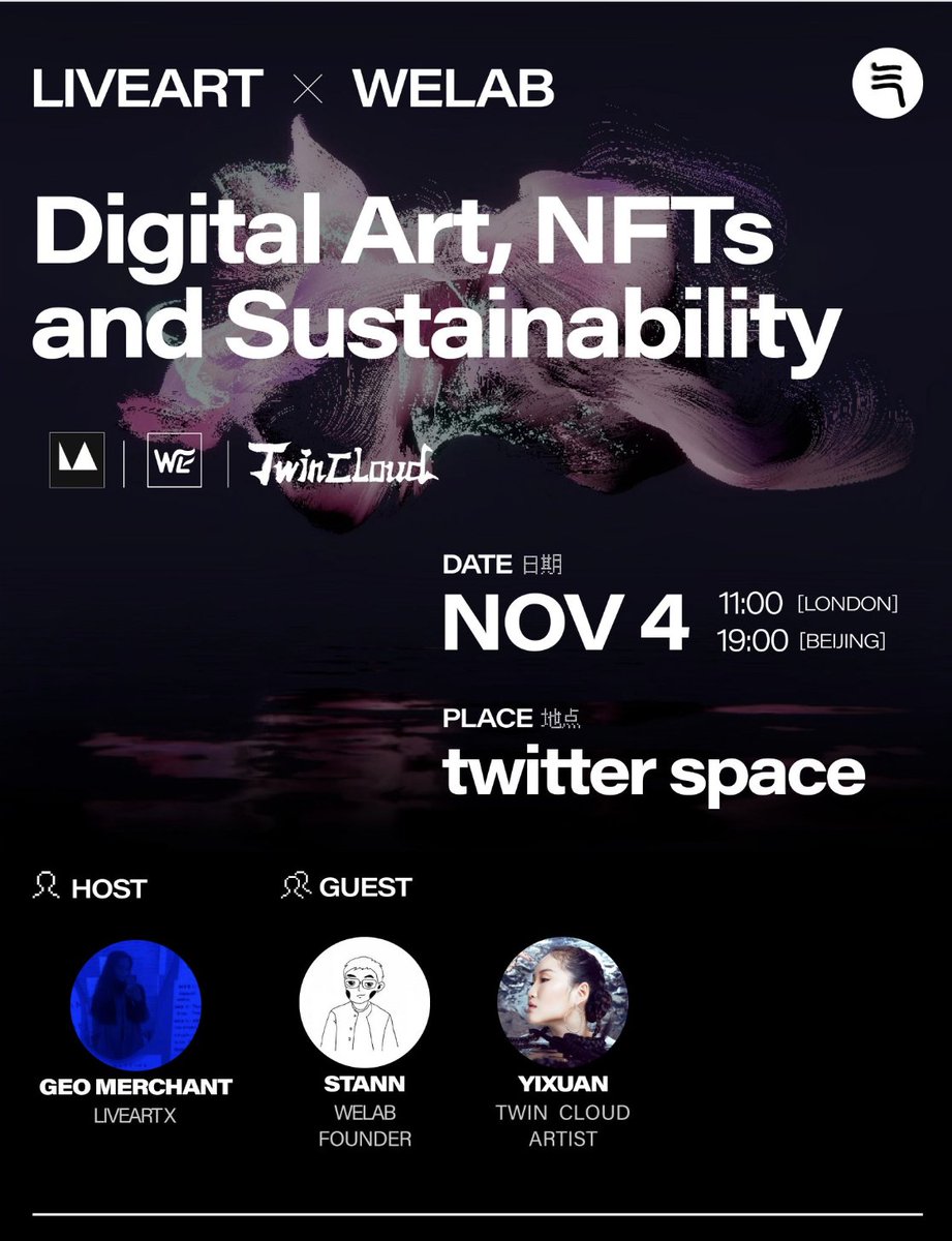 LiveArtX's tweet photo. Join us for a Twitter Space with @W3LAB_ @TwinCloudNFT and @GeoRaeNFT tomorrow at 11am UTC ❤️‍🔥

https://t.co/lrVyfiShwn

Pick up your OAT here ⤵️
://galxe.com/LiveArt/campaign/GCoVkUwDg6 https://t.co/6vyEle8aK3