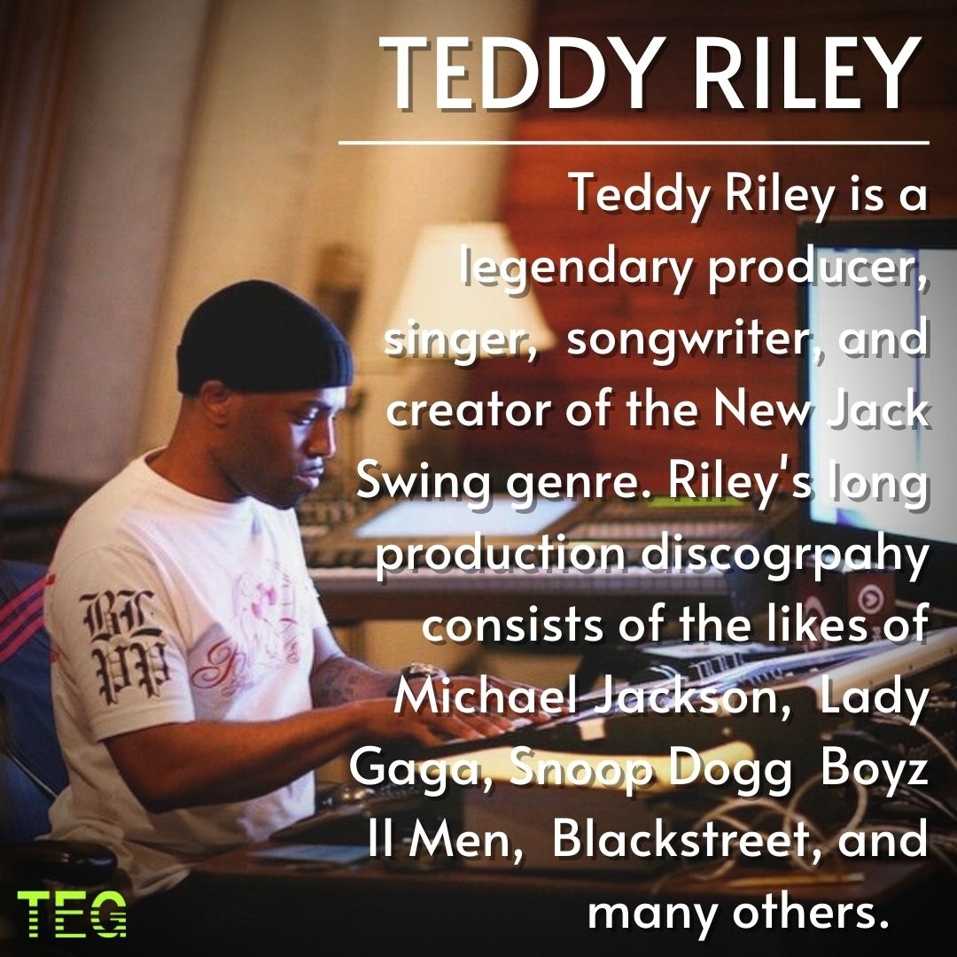 TransparenceEnt's tweet photo. This week's client spotlight is on Teddy Riley! Teddy Riley is a legendary producer that has worked with Michael Jackson, Dr Dre, Lady Gaga, and others and pioneered the genre of New Jack Swing.

Listen to Teddy Riley and others in the TEG Client Playlist at the link in bio! 🎵 https://t.co/jC2872CyPG