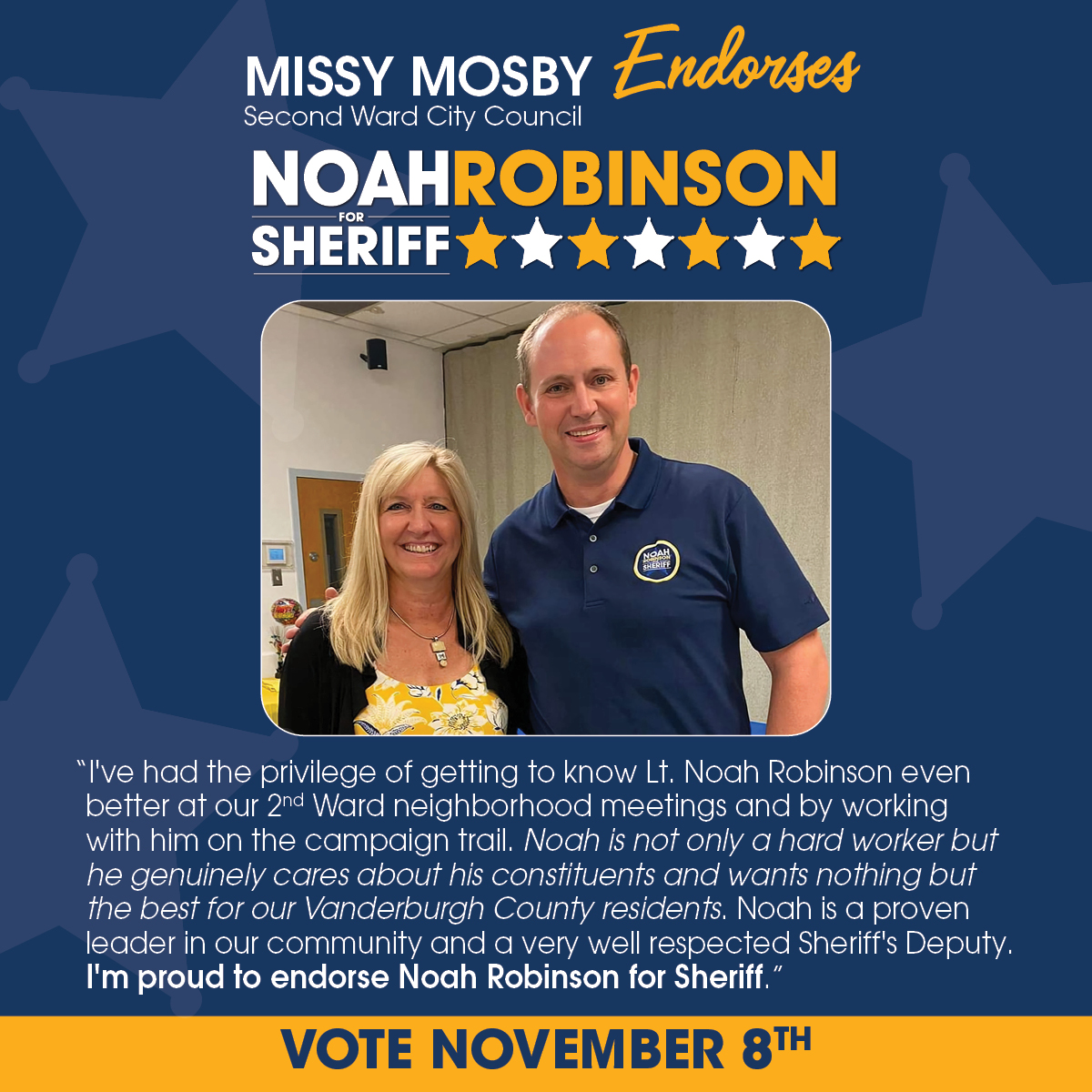 NoahForSheriff's tweet photo. 2nd Ward City Council Member Missy Mosby shares my commitment to Evansville's residents and future. Thank you for the endorsement! #Indiana #Evansville https://t.co/DsvRJQHjwS