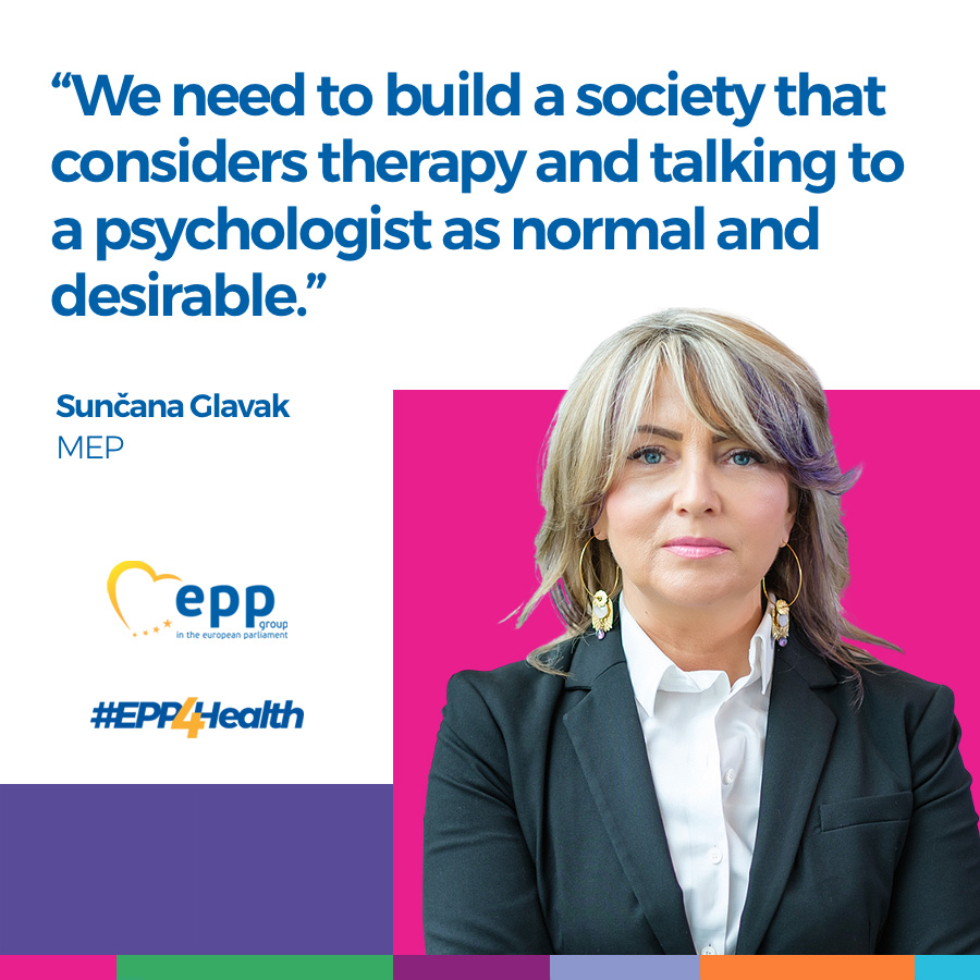 No one should feel ashamed in seeking mental health support, as no one would when they break a leg. Having an EU Strategy can help us to: ➡️End the stigma ➡️Improve mental health care Mental well-being must never be a taboo. @SuncanaGlavak #EPP4Health