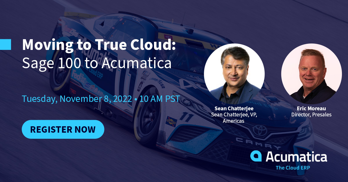 Acumatica's tweet photo. Sage 100 users: Are you tired of bolting on application after application just to manage routine business processes? Tune in Nov. 8 to hear why companies like yours are switching from #Sage100 to Acumatica: https://t.co/njPFbgf8QN https://t.co/Di4cqrwYAW