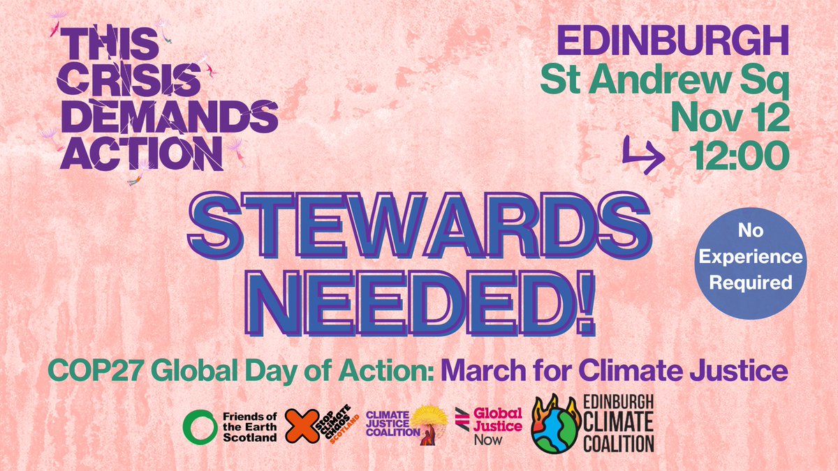 sccscot's tweet photo. 🦺 Stewards wanted for Edinburgh march on Nov 12!🦺 

Want to get involved in the Global Day of Action? We are looking for volunteers to help with stewarding -  no experience is required &amp; an online training will take place on Tuesday eve. 

Register: https://t.co/V2DwbhoUWd https://t.co/9b70QVY3mf