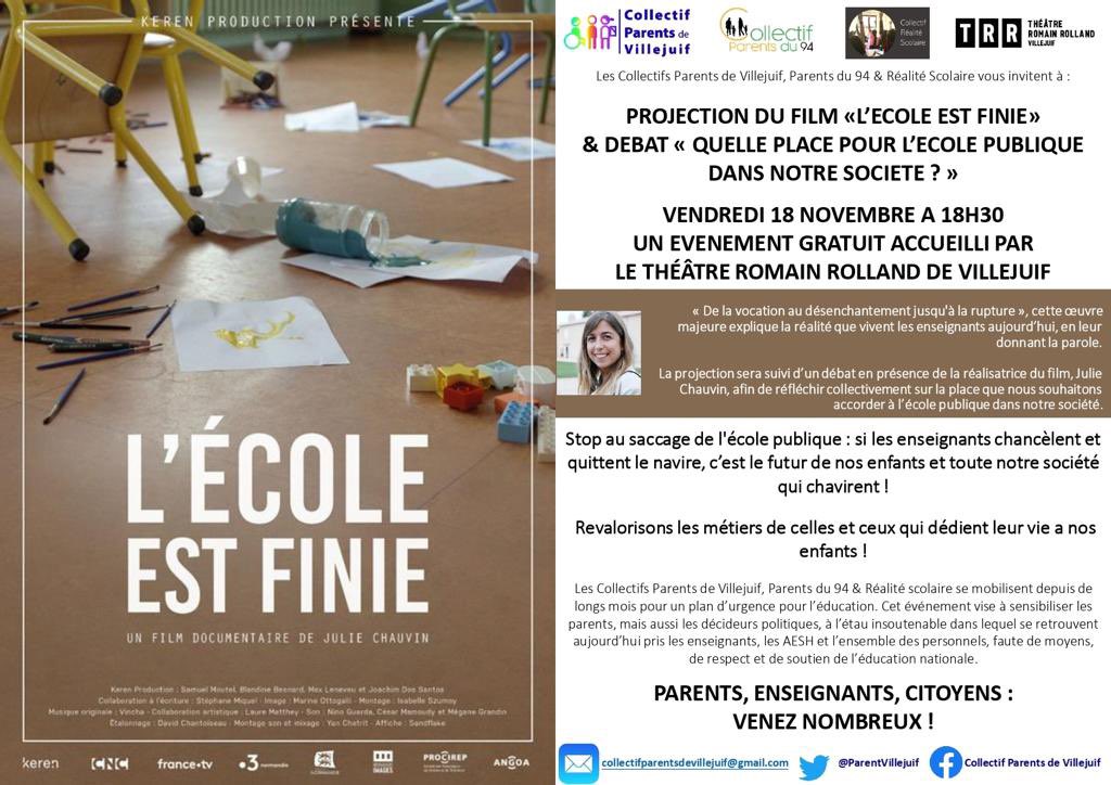 📢Les <a href="/ParentVillejuif/">💔 Collectif Parents de Villejuif 💔</a> <a href="/Parents94/">💔 Collectif Parents du 94 💔</a> <a href="/RealiteScolaire/">Réalité Scolaire</a> vous invitent à :

PROJECTION DU FILM «L’ECOLE EST FINIE» 
&amp; DEBAT « QUELLE PLACE POUR L’ECOLE PUBLIQUE DANS NOTRE SOCIETE ? »

 ➡️VENDREDI 18 NOVEMBRE A 18H30 
EVENEMENT GRATUIT ACCUEILLI PAR <a href="/TRRVillejuif/">ThéâtreRomainRolland</a> 

<a href="/MORUZZIG/">Gérald Moruzzi</a> <a href="/FBascoul/">Florent Bascoul</a>