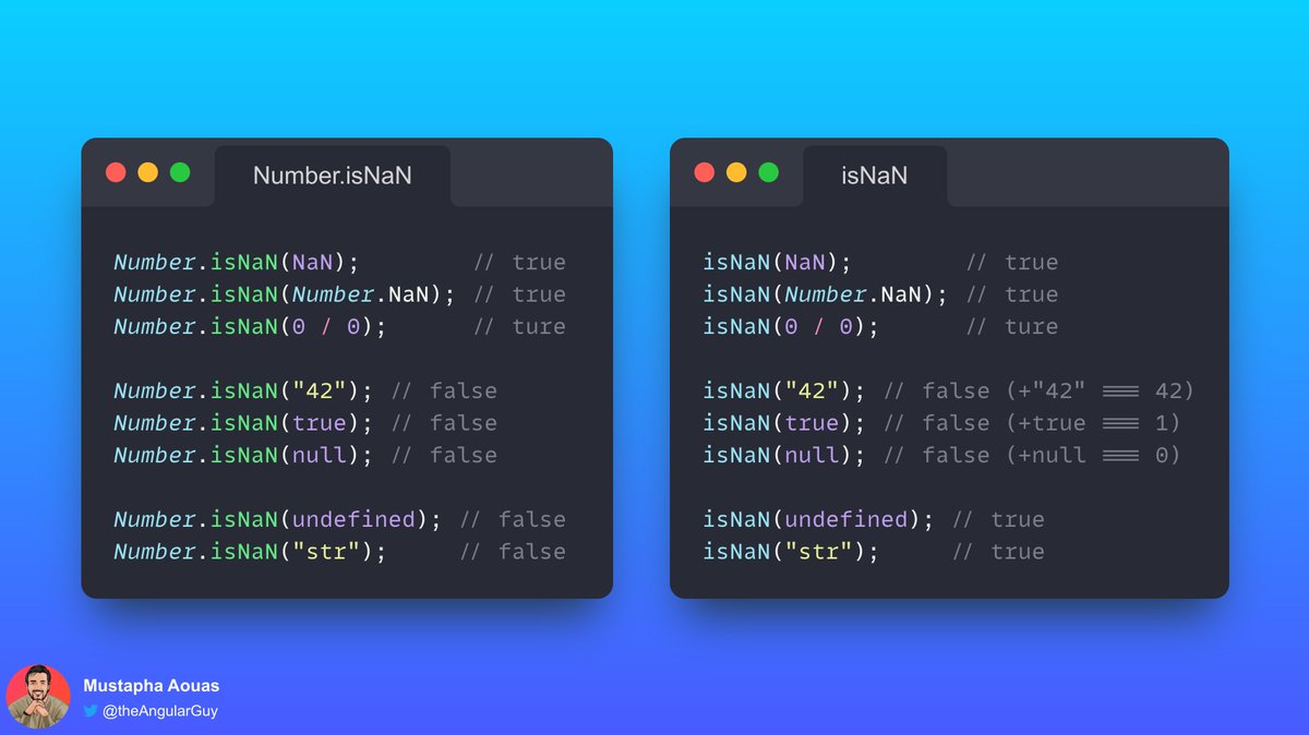 TheAngularGuy's tweet image. The isNaN global function converts the argument to a number then checks if the result is not a number whereas Number.isNaN does not convert the argument