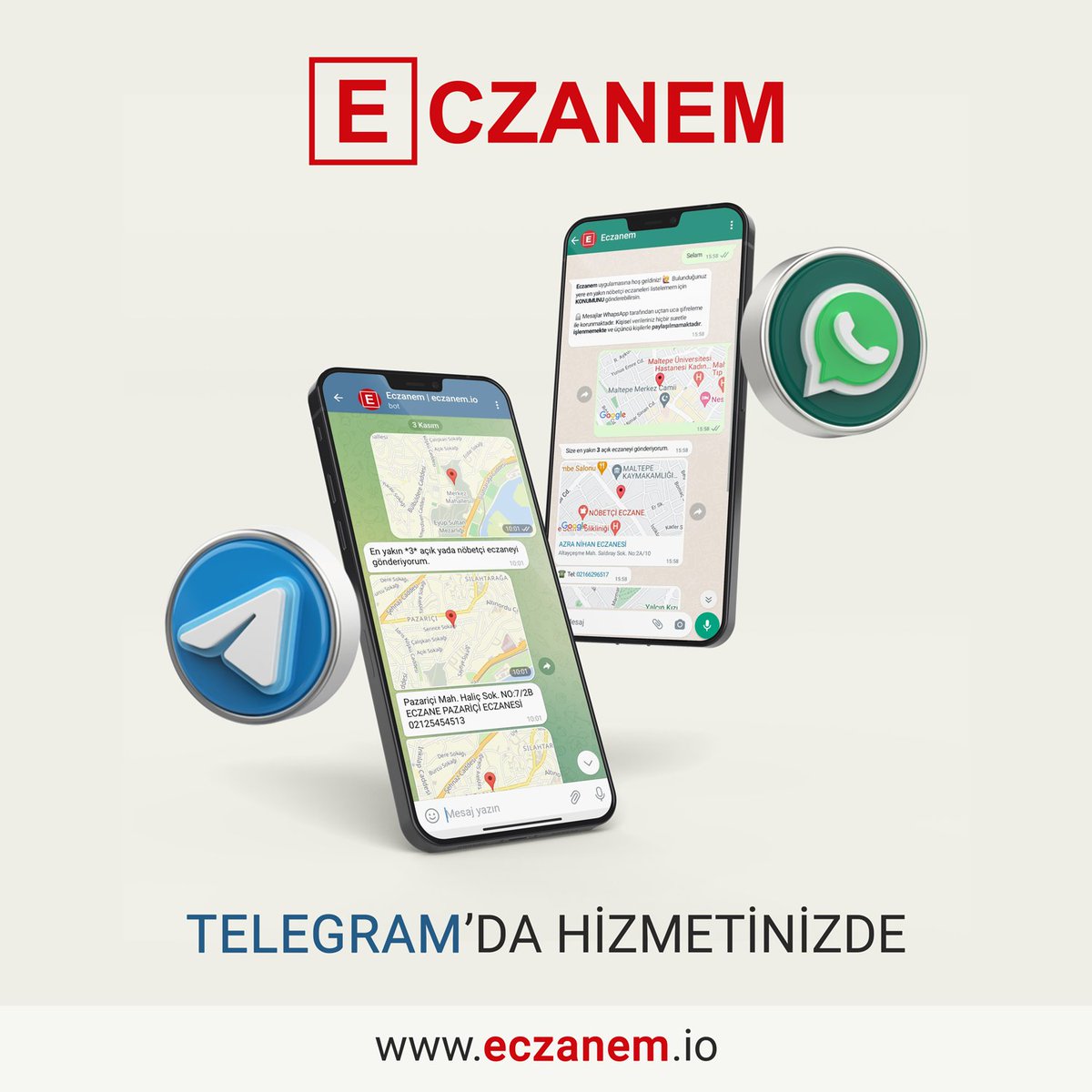 Eczanem.io isteğiniz üzere artık sadece WhatsApp'ta değil Telegram'da da hizmetinizde!

Aşağıdaki link üzerinden Eczanemio_bot adlı Telegram botuna ulaşıp ücretsiz olarak kullanabilirsiniz.
t.me/eczanemio_bot

#eczanemio #eczanem #nöbetçieczane