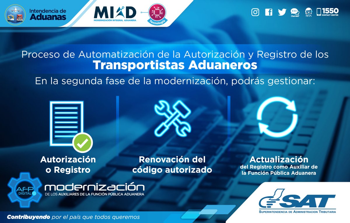 SATGT's tweet photo. Atención Transportistas Aduaneros, en la segunda fase de la Modernización de Auxiliares de la Función Pública podrán gestionar:
✅ Autorización o registros.
✅ Renovación del código autorizado.
✅ Actualización de su registro. https://t.co/DZpycQtCPk