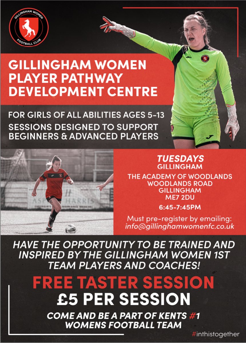 REGISTRATION NOW OPEN

We are now taking bookings for our Player Pathway Development Centre at the academy of Woodlands for Girls aged 5-13 ⚽️

Please email info@gillinghamwomenfc.co.uk for more information 📲

Be part of Kent’s #1 Womens Team

#InthisTogether 🔴⚫️