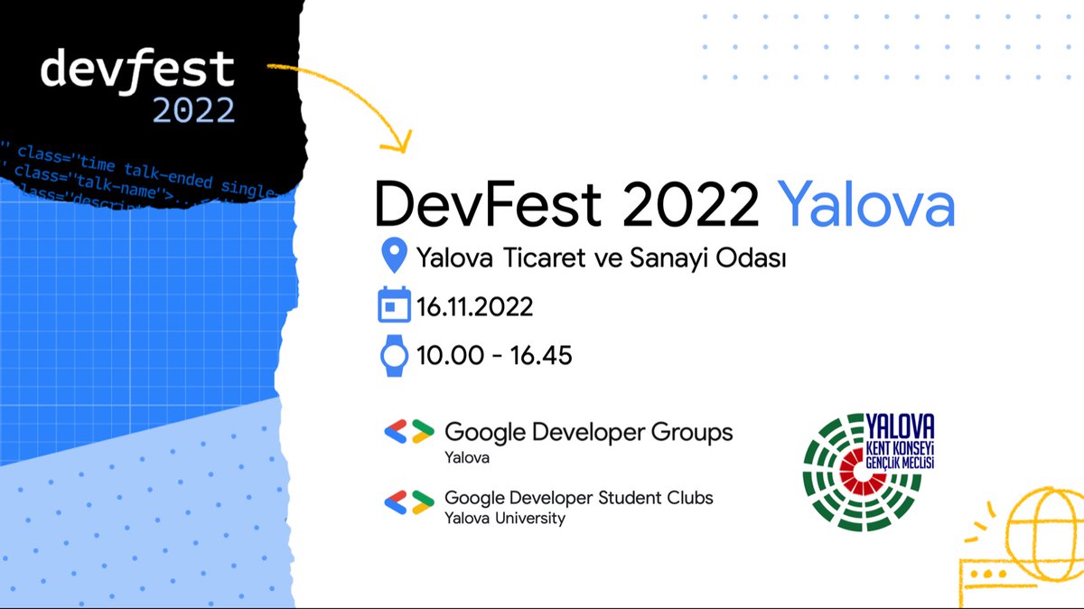DevFest'22 Yalova'ya çok az kaldı!

Konuşmacılar, eğitimler, seminerler ve çok daha fazlası..

16 Kasım'da Yalova Ticaret ve Sanayi Odası'nda Yalova Kent Konseyi Gençlik Meclisi ile birlikte düzenlediğimiz, GDG tarafından düzenlenen teknoloji konferansımıza hepinizi bekliyoruz.