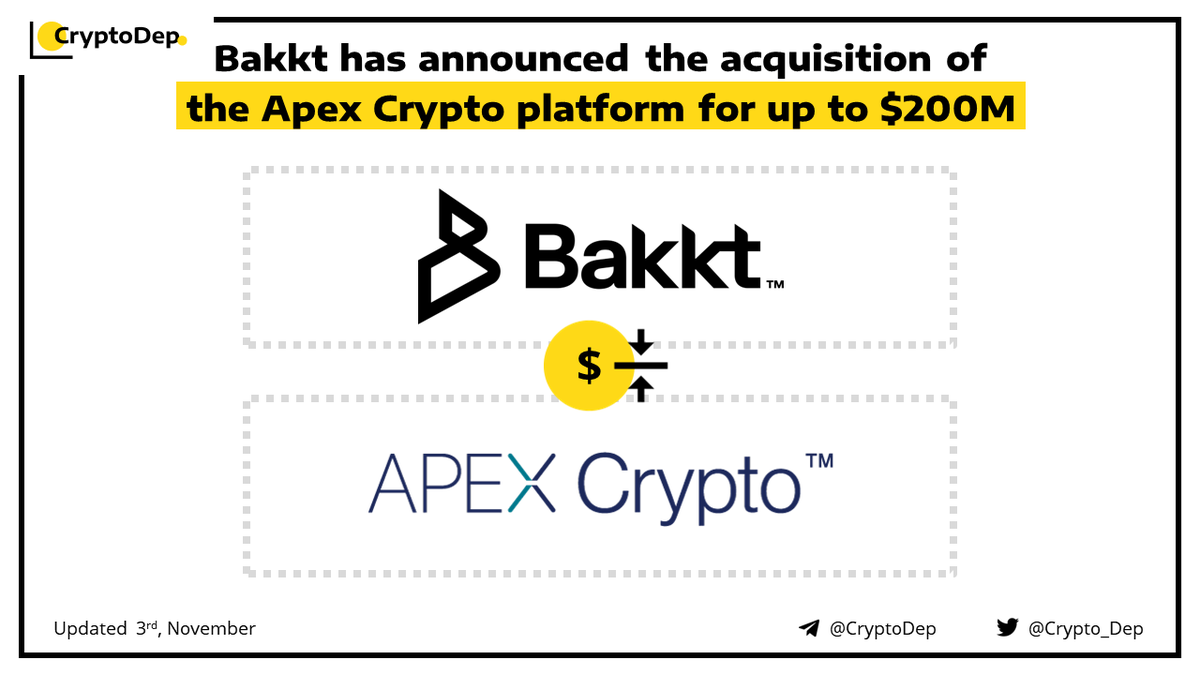 ⚡️ @Bakkt has announced the acquisition of the #ApexCrypto platform for up to $200M #Bakkt, a digital asset platform will purchase Apex #Crypto for a maximum price of $200M, paying $55M in cash at the closing of the deal & up to $145M in Bakkt stock. 👉businesswire.com/news/home/2022…