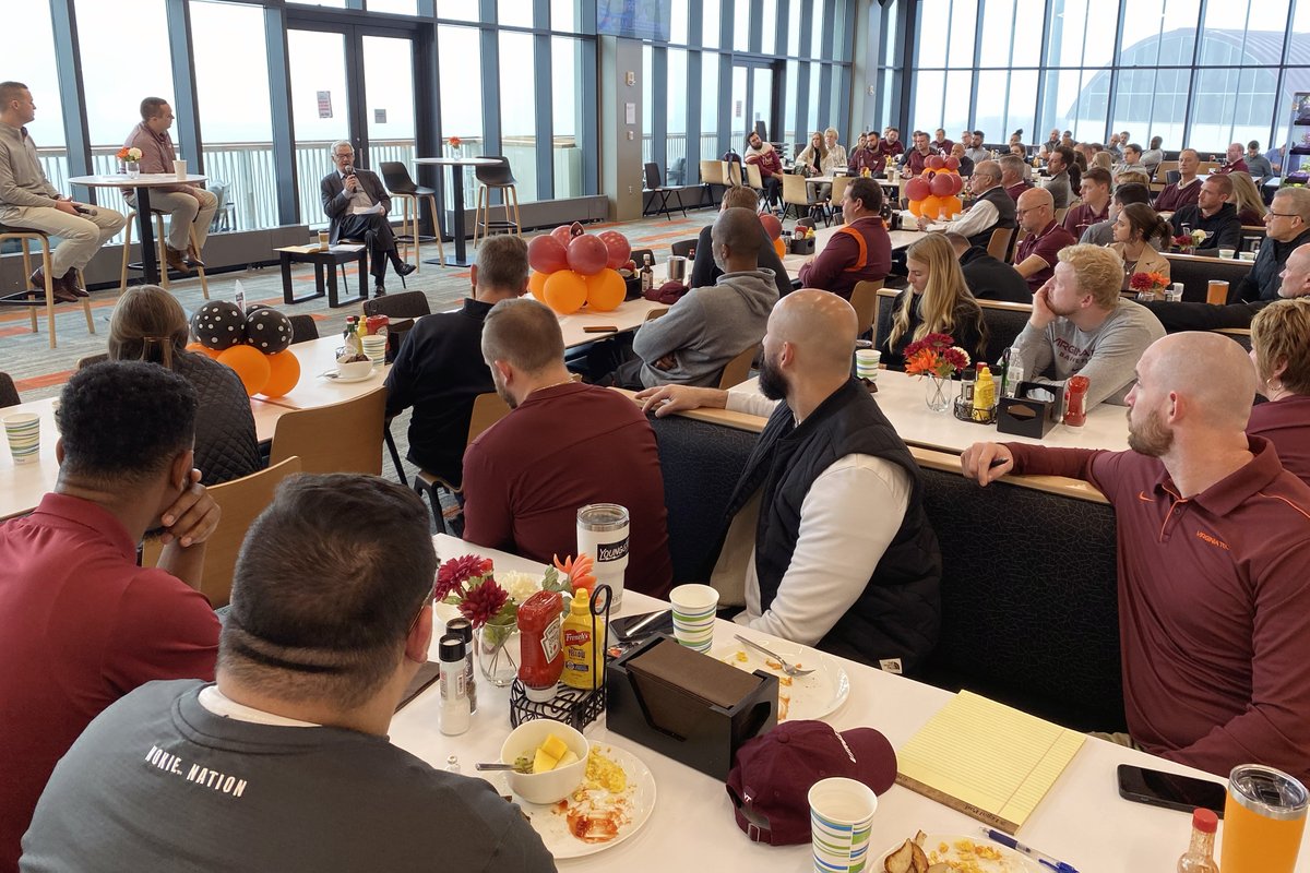 👀👀👀🐐 Thank you Coach Beamer for sharing your wisdom (and a few great stories!) with our #Hokie Athletics Employee Family this morning. #BreakfastAndLearn  #ThisIsHome <a href="/hokiesports/">HokieSports</a>