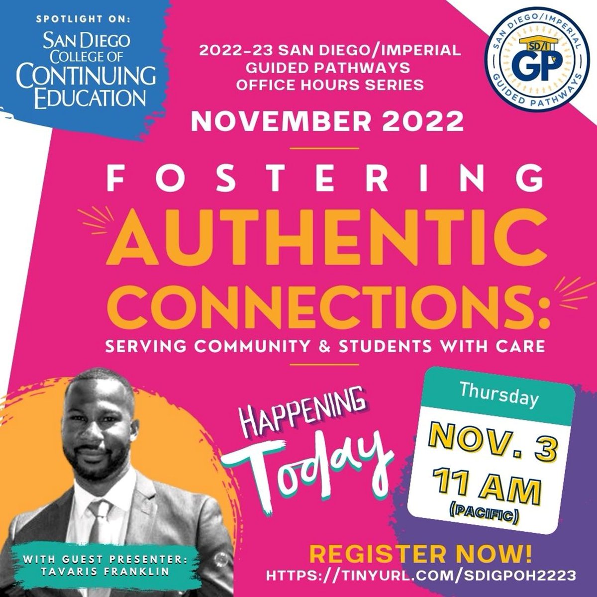 Happening in less than an hour (at 11 AM  Pacific) -- the #SanDiegoImperial #GuidedPathways Office Hour with <a href="/SDCCEEDU/">San Diego College of Continuing Education</a>/<a href="/SDCCEOutreach/">SDCCE Outreach</a>! Come join us for an amazing session with our guest speaker, Tavaris Franklin.

REGISTER HERE: tinyurl.com/SDIGPOH2223 

<a href="/SdccePresident/">SDCCE</a>