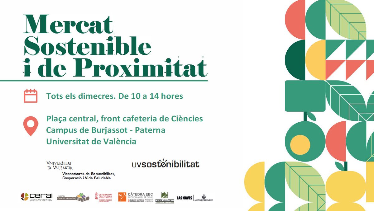BiologiquesUV's tweet photo. Aprofita per fer la compra al Mercat sostenible i de proximitat del Campus de Burjassot, comencen el pròxim 9 de novembre!!!
@bioadr @UV_EG  @Sostenible_UV https://t.co/aARp9weaZV