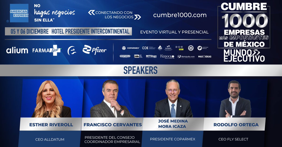 MundoEjecutivo's tweet image. Grandes empresarios como José Medina Mora Icaza de @Coparmex; Francisco Cervantes del @cceoficialmx, Esther Riveroll de #Alldatum y Rodolfo Ortega de #FlySelect, estarán presentes en la #Cumbre1000

¡Nos vemos este 05 y 06 de diciembre! 👉🏻cumbre1000.com
