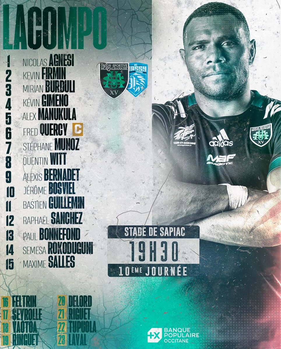 UsmSapiacRugby's tweet photo. ๐๐ฎ ๐๐ผ๐บ๐ฝ๐ผ' โ
Dรฉcouvrez les 23 joueurs retenus pour affronter @RCME91 pour le compte de la ๐รจme journรฉe de @rugbyprod2 ! โ
๐บ Rugby +
โ๏ธ19H30
๐ Stade de Sapiac
๐๐ถ๐ฒ๐ป ๐๐น๐น๐ฒ๐ ๐ฆ๐ฎ๐ฝ๐ถ๐ฎ๐ฐ :
https://t.co/YK3OyRbl2Nโฆ
#AllezSapiac #USMRCME #LaCompo https://t.co/aSvyqajakV