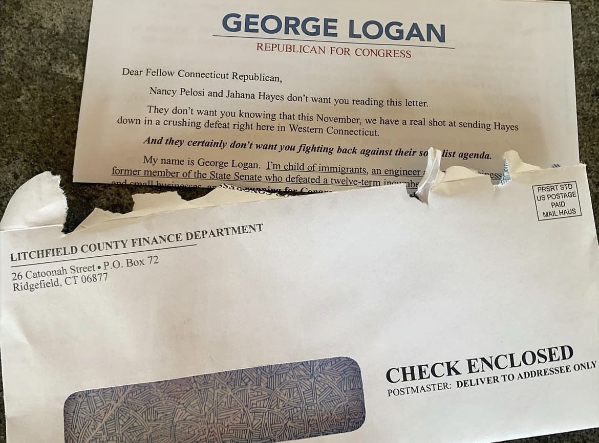 CTDems's tweet photo. George Logan has been lying to voters a lot this year. But this takes the cake.

A fake letter. From a fake “Finance Department” (which is using his campaign’s real mailing address). Promising a fake “Check Enclosed” which is made out to… wait for it… George Logan. 

Gross. https://t.co/z2VfkIFWa8