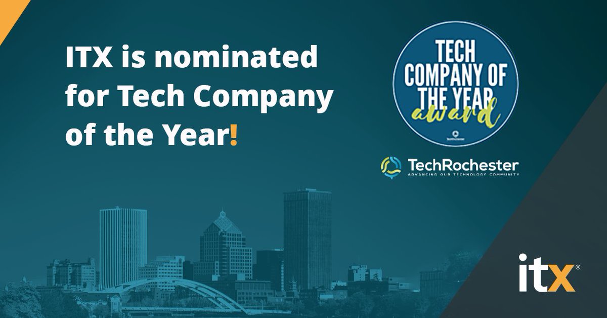 ITX is nominated for Tech Company of the Year! Congratulations to all companies nominated in TechRochester's 2022 GREAT Awards, and we wish the best of luck to everyone! 

Find out what makes us a top tech company in Rochester here→itx.com/itx-25-year-hi…