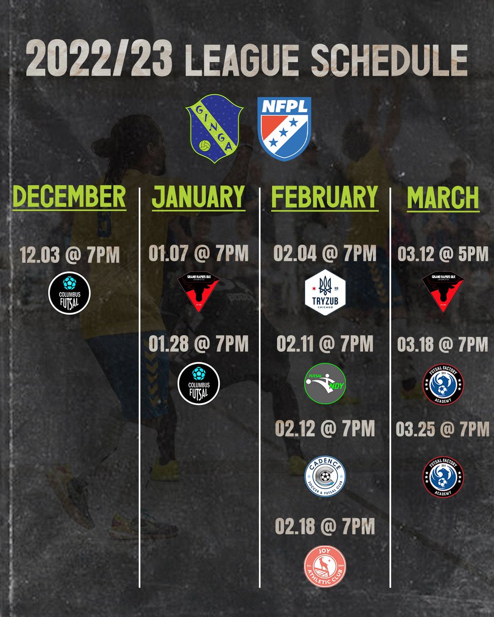 GingaFS's tweet photo. Our 2022/23 NFPL Schedule. Tickets go on sale FRIDAY at 1:00PM EST.
-
#GingaFS #VamosGinga #AzulEsverdeado #WatchNFPL #Cincinnati #Futsal https://t.co/BgmzYB8j7P