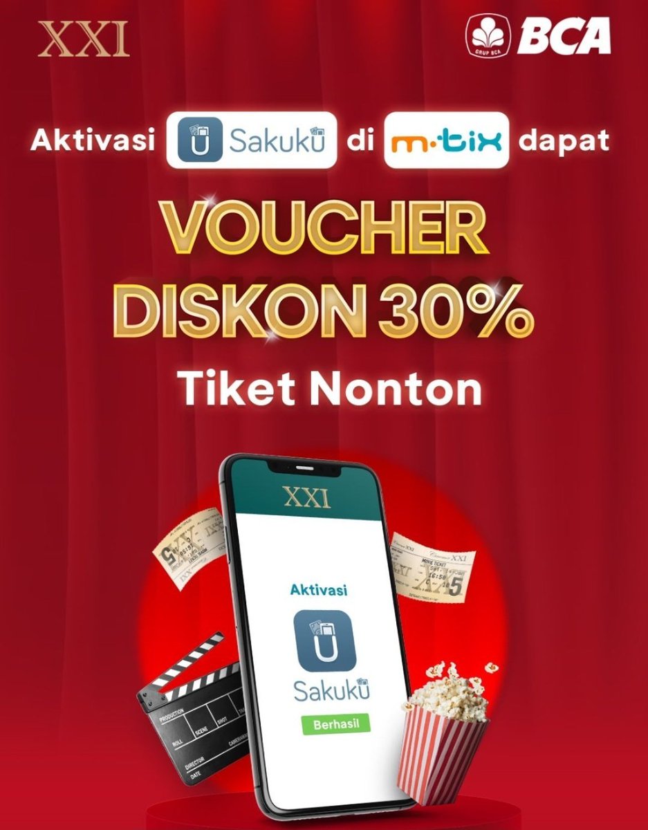 Aktivasi Sakuku di aplikasi mtix dapatkan diskon tiket nonton 30%
🗓️ Hingga 30 November 2022

• Untuk pertama kali melakukan Aktivasi Sakuku di Aplikasi mtix
• Maksimum diskon Rp20.000, tanpa minimum transaksi
• Maksimum 1x transaksi/user