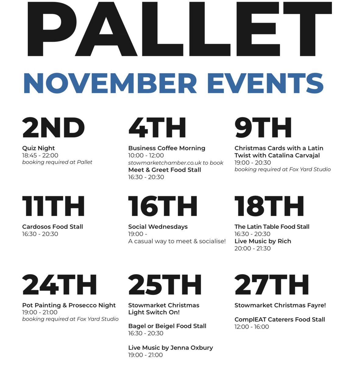 Pallet Bar November Events! 😍

With Meat &amp; Greet Food stall back this Friday🥩

Ending with Stowmarket light switch on &amp; Christmas Fayre!