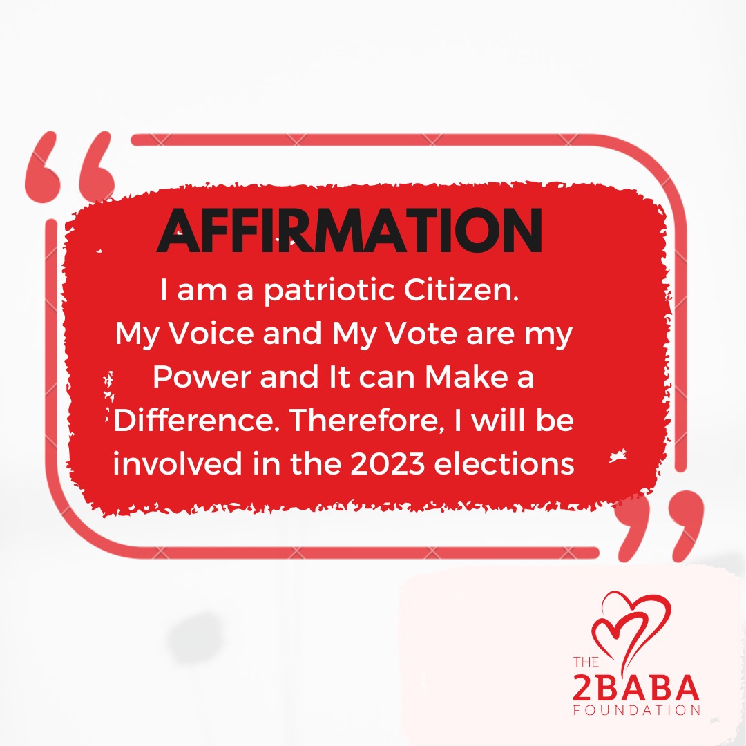 2FaceFoundation's tweet photo. Put your right palm over your heart.
Say these words of affirmation. 

The 2023 elections is another opportunity to get it right. We need to stand together in our resolve to participate, and to #VoteNotFight 

#ElectionNoBeWar

@official2baba 
@votenotfight https://t.co/RqrVEmUFPk