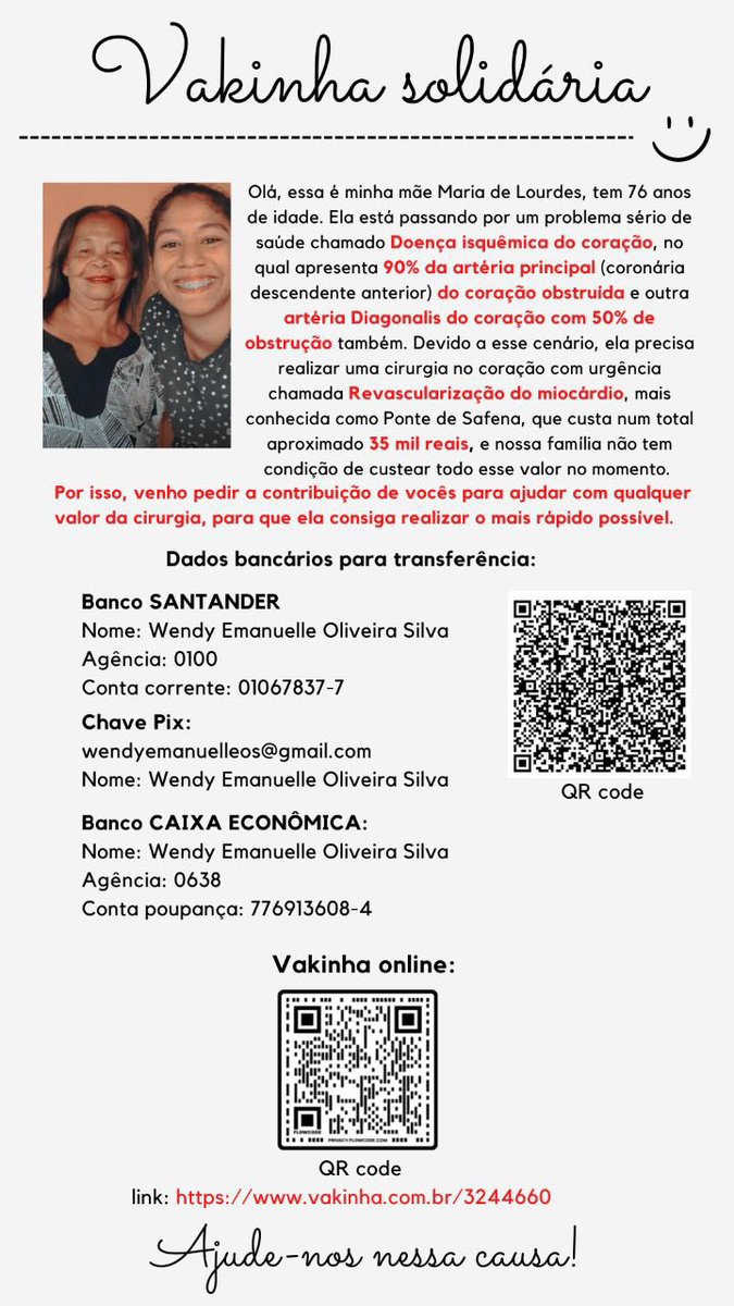 ydnewmesretep's tweet photo. @Tatawerneck Gente quem puder ajudar compartilhando ou contribuindo com qualquer valor é para minha mãe.
Meu Pix: wendyemanuelleos@gmail.com https://t.co/y94znPFBCs