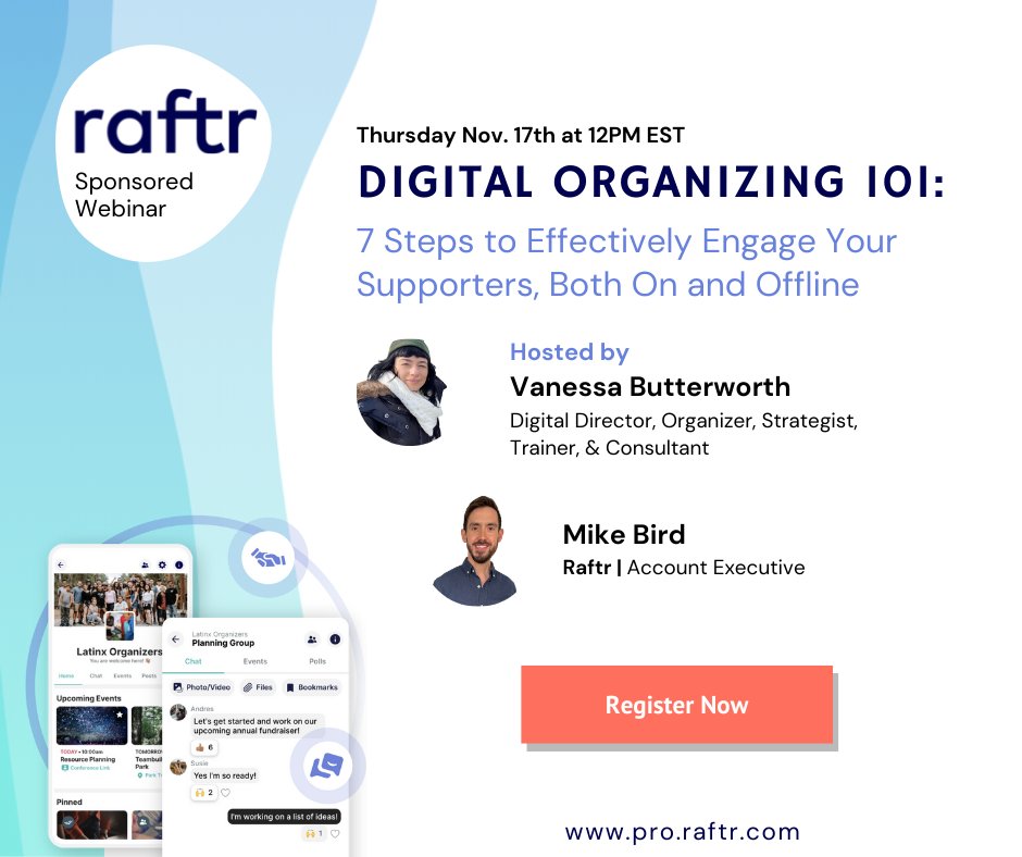 Looking to upgrade your supporter engagement strategy? Register for <a href="/Raftr/">Raf</a>’s Sponsored Session: ‘Organizing 101: 7 Steps to Effectively Engage Your Supporters, Both On &amp; Offline,’ with veteran organizer &amp; digital strategist <a href="/vbombboom/">Vanessa</a> 

Nov. 17 @ 12PM ET: bit.ly/3DVx4DD