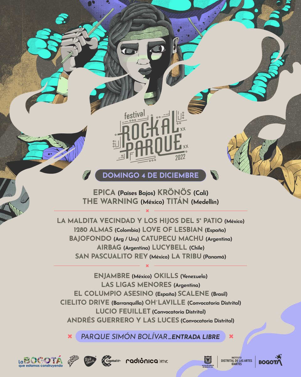 📢 Tenemos listos todos los poderes para vivir 4 días de programación en ¡Rock al Parque, el festival de Bogotá!🤟🏽😎

Nos vemos en el Parque Metropolitano Simón Bolívar, 26 y 27 de noviembre, y 3 y 4 de diciembre en #RockAlParque2022 🌳🍃🎤🎸💥😈

📍rockalparque.gov.co
